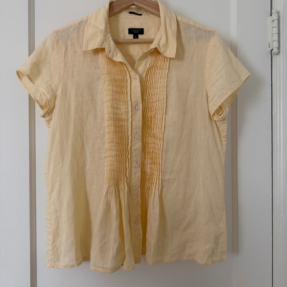 Talbots Butter Yellow Pure Irish Linen Pintuck Short Sleeve Button Down Sz M